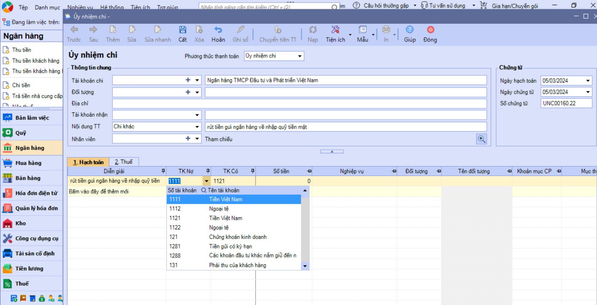 Ảnh 2: Vào ngân hàng - chọn thu tiền
